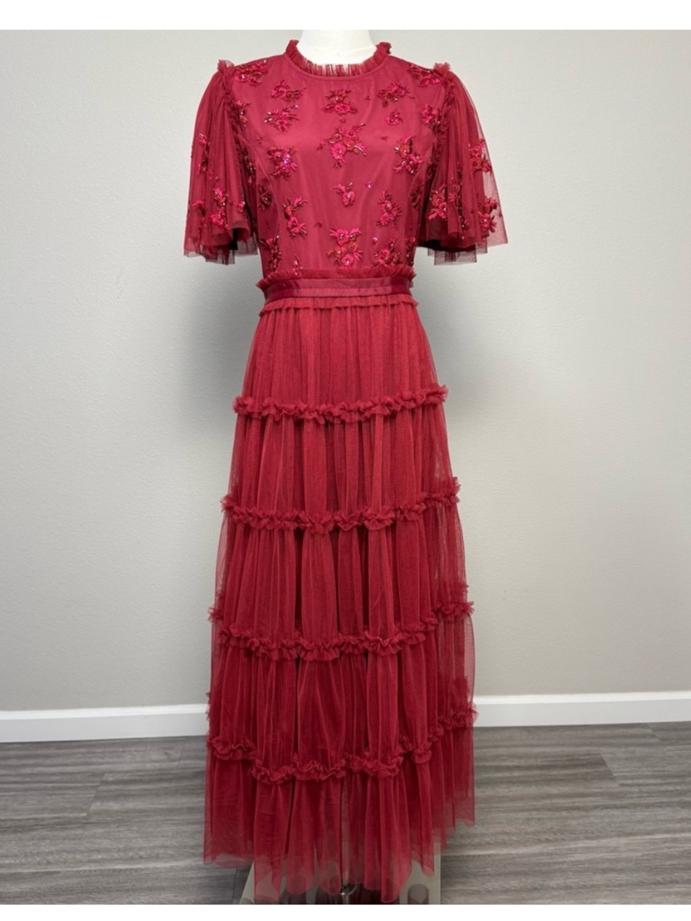 IVY CITY CO Anastasia Red Maroon Tulle Beaded Dress Size XXS